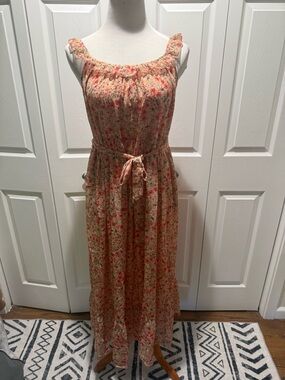 A Pea in the Pod Peach Floral Ruffled Neck Maxi Dress